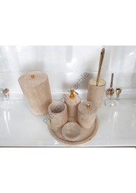 Resim Sarı Traverten Klasik Model 7 Parça Gold Renk Düğme Aksesuarlı Banyo Seti Sarı Traverten 