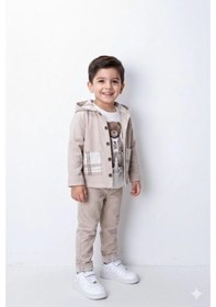 Resim Bontino Erkek Çocuk %100 Pamuk Kadife Hırka, Pantolon Ve Ayıcık Baskılı Sweatli 3'lü Premium Seri Kum 