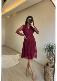Resim Neşeli Butik Kadın Kruvaze Yaka Dantelli Tül Elbise Nm010 Bordo 