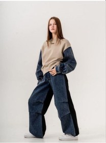 Resim Kız Çocuk Mevsimlik Denim Kol 3 İplik Sweatshirt-14774 Kahverengi 