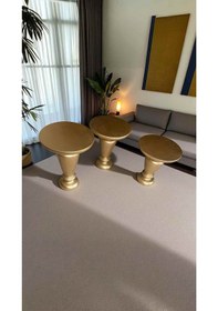 Resim Altın Renk Doğal Ahşap Mantar Sehpa Seti 3 Lü Yan Sehpa Takımı - Wooden Coffee Table Altın 