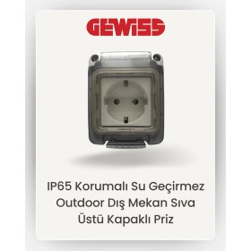 Resim Gewiss IP65 Korumalı Su Geçirmez Dış Mekan Sıva Üstü Kapaklı Priz Beyaz Renkli 1 Adet Elektrik Prizi Kapak Dahil 