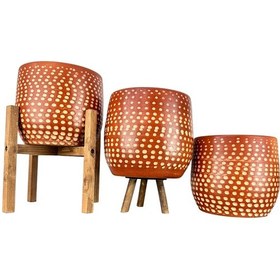 Resim Bitki Tasarımı Ev Dekorasyon Aksesuar Beyaz Nokta Desenli Toprak Saksı Saksılık Salon Çiçeklik Üçlü Set 