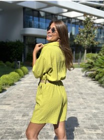 Resim Yağ Yeşili Belinda Keten Düğmeli Hasır Kemerli Kadın Şort Tulum - Yağ Yeşili 