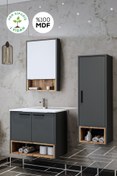 Resim BALNEOM Banyo Karanfil 80 Cm %100 Mdf Antrasit Lavabolu Banyo Dolabı Ayna Lavabo Boy Dolabı 