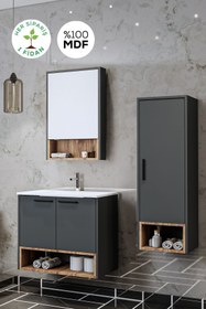 Resim BALNEOM Banyo Karanfil 80 Cm %100 Mdf Antrasit Lavabolu Banyo Dolabı Ayna Lavabo Boy Dolabı 