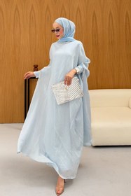 Resim Taş Detaylı içlik Elbise Panço Abaya Mavi - 42 / Mavi 