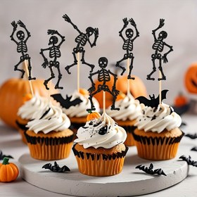 Resim 25 Adet Halloween İskelet Cupcake Süsleri - Yapışkan Noktalı Bambu Pasta Dekorasyonları, Doğum Günleri, Düğünler ve Mevsimsel Kutlamalar İçin Çeşitli Pozlar, Şenlikli Tatlı Aksesuarları, Kolay Kurulumlu Halloween ve Noel Parti Malzemeleri 