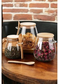 Resim Tombul 3 Lü Borosilikat Cam Bambu Kapaklı Kavanoz Baharatlık Seti 350 -600-1000 Ml Şeffaf 