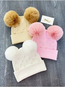 Resim pempem bandana kız bebek çocuk incili, iri peluş ponponlu kaşkorse bere set 
