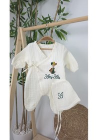 Resim Gros Shop Müslin Yeni Doğan 4katlı Organik %100pamuk Kişiye Özgü Nakışlı Hastane Çıkış Seti-yeşil Ayıcık Balon Ekru-1 