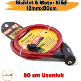 Resim 12 mm x 80 cm Çelik Halatlı Asma Kilit - Bisiklet, Motosiklet, Scooter Güvenlik Kilidi + 2 Anahtar 