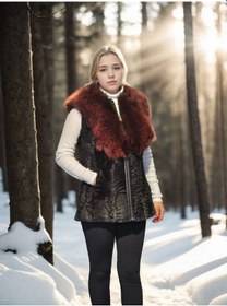 Resim Kadın Kolsuz Hakiki Kürk - Siyah Bordo 