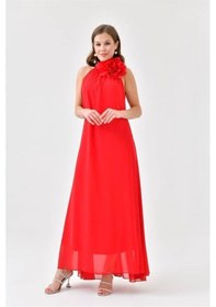 Resim Dip Moda Kadın Broş Çiçek Detaylı Abiye Elbise Dpnbs9351 Kırmızı 