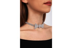 Resim Furtek Aksesuar Kadın Papyon Model Zirkon Taşlı Gümüş Pırlanta Abiye Gerdanlık Tasma Kolye Nişan Düğün Söz Choker 