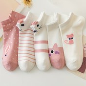 Resim 5 Çift Kadınlar için Sevimli Karikatür Kedi Ayak Bileği Çorapları - Pembe & Beyaz Çizgili ve Puantiyeli Tasarımlar, Yumuşak Nefes Alabilir Kısa Çoraplar Günlük Kullanım İçin, Sadece Elde Yıkama, Şirin Çoraplar 