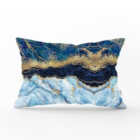 Resim Altın Varaklı Mavi Zeminli Modern Dikdörtgen Yastık Kırlent Kılıfı - 35 x 55 cm / Çift Taraflı Baskı / Petek 