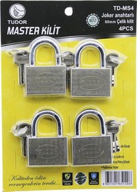Resim Tudor Td-ms4 Master 4pcs Joker Anahtarlı Tek Anahtarla 4 Kilit Aç 60mm - Gri Kısa Kancalı Çelik Asma Kilit 4989 