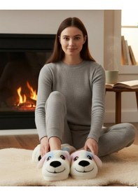 Resim Sevimli Köpek Figürlü Peluş Panduf Yumuşak Puf Hayvanlı Panduf Lila 