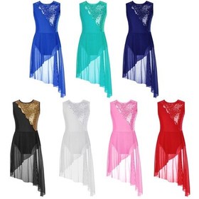 Resim Kraliyet Mavisi Kızın Kolsuz Payetler Lirik Bale Modern Dans Elbise Örgü Patchwork Düzensiz Etek Dans Leotard Elbise Mavi 