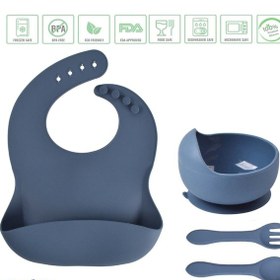 Resim Jojobebek Çocuk Silikon Mama Önlüğü, Silikon Vakumlu Kase, Silikon Kaşık Ve Çatal / Lacivert 