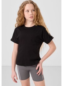 Resim Siyah Pamuklu O Yaka Oversize Fit Basic Kız Çocuk T-shirt - 75182 Siyah 