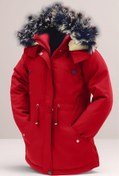 Resim Asortik Kids Kız/erkek Çocuk Unisex Kışlık Kanvas Kumaş Dayanıklı Diz Üstü Içi Kürk Kapüşonlu Kırmızı Kaban Mont 