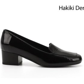 Resim Kadın Siyah Rugan Küt Burun Kısa Kalın Topuklu Hakiki Deri Ayakkabı 