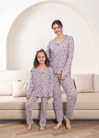 Resim Free Beka Yıldız Anne Kız Kombin Pijama Takımı Rahat Esnek %100 Pamuklu Önden Düğmeli Pijama Takımı 