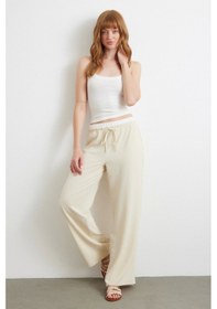 Resim Never More Bel Bantlı Wide Leg Pantolon Krem Krem 