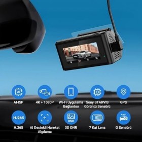 Resim D11 2 Kameralı Ön/arka 4K+1080P Starvıs Sensörlü Yapay Zeka Destekli Wi-Fi Gps'li Araç Kamerası 