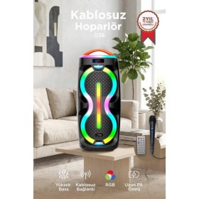 Resim Torima Bluetooth Hoparlör Mikrofonlu Kumandalı Rgb Işıklı Tws Speaker D36 Siyah 