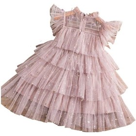Resim Petityu Tutu Parlak Yıldızlı Pembe Kız Çocuk Şirin Kat Kat Elbise - Doğumgünü Elbisesi Pembe 