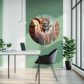 Resim Uçan Sevimli Kedi Şehir Manzarası Yuvarlak Cam Tablo - MODY058 - 35 x 35 cm 
