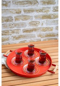 Resim Kitchen Trend 3 Lü 45beyaz, 37kırmızı, 30beyaz Ahşap Kulplu Metal Tepsi Sunum Tepsi Seti 