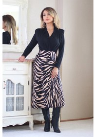 Resim Ritnice Kadın Bej Siyah Midi Saten Etek 