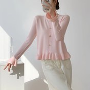 Resim Kadınlar İçin Esnek Düğme Detaylı ve Fırfır Kollu - Yumuşak Pembe Her Mevsim Günlük Kazak, Makinede Yıkanabilir Yuvarlak Yakalı Hırka, Şık ve Kolay Bakım Kumaş 