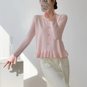 Resim Kadınlar İçin Esnek Düğme Detaylı ve Fırfır Kollu - Yumuşak Pembe Her Mevsim Günlük Kazak, Makinede Yıkanabilir Yuvarlak Yakalı Hırka, Şık ve Kolay Bakım Kumaş 