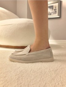 Resim %100 Hakiki Deri Bej Süet Kadın Loafer Bej 