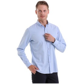 Resim Hatemoğlu Mavi Comfort Fit Düz 100% Pamuk Düğmeli Yaka Uzun Kollu Casual Ox Mavi 