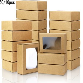 Resim 50 Kutu/10 Paket Küçük Dikdörtgen Kraft Kağıt Kutuları, 8.48cm X 5.99cm X 3.0cm Ölçülerinde, Şeffaf Pencereli, Mini Sabun Hediye Kutuları, Takı Gösterimi, Düğün Parti Hediyeleri (Kahverengi) İçin Uygun, Noel ve Sevgililer Günü İçin Uygun. 