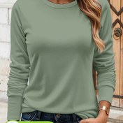 Resim Kadınlar İçin %100 Pamuk 180gsm Uzun Kollu Tişört - Yumuşak Yuvarlak Yaka Günlük Üst, Düz Yeşil Renk, Makinede Yıkanabilir, Her Mevsim Uygun Temel Tişört, Basit Tasarım, Nefes Alabilen Kumaş, Rahat Gömlek, Günlük Gereç 