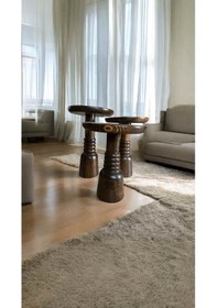 Resim Ahşap Mantar Sehpa 3 Lü Set Masif Doğal Ceviz Yan Sehpa Ve Zigon Takımı - Coffee Side Table Ceviz 
