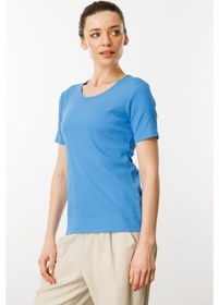 Resim Kadın Sıfır Yaka Kısa Kol Pamuk Kaşkorse T-shirt Mavi Mavi 