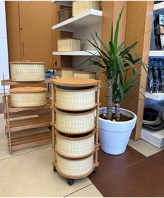 Resim Ahşap Yuvarlak Sebzelik 4 Katlı Yana Açılır Patates Soğan Tekerlekli Sebzelik Krem Krem 