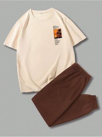 Resim Beach T-shirt Eşofman Altı Jogger - Bej Kahverengi Baskılı Eşofman Takımı Oversize Bisiklet Yaka Bej 