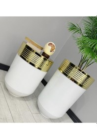 Resim Elegant Dekoratif Gold Darbuka Parlak Beyaz Saksı 70cm + 60cm Sehpa İkili Set 