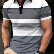 Resim Erkekler için Rahat 3D Baskılı Golf Gömlek - Siyah, Gri, Beyaz Çizgili Polo, "Polo" Logosu, Kısa Kollu, Düzenli Kesim, Yaz Spor Stili, Rahat Yaz Gömleği | Sporlu Rahat Gömlek | Rahat Kesim Gömlek 