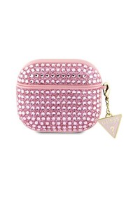 Resim Apple Uyumlu AirPods 3. Nesil Kılıf Guess Lisanslı Parıltılı Taş Kaplamalı Üçgen Logo Süs Zincirli Pembe 