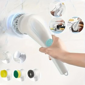Resim 5 değiştirilebilir başlıkla çok fonksiyonlu elektrikli döner temizleme fırçası seti, şarj edilebilir USB şarj, orta sertlik, plastik sap, lityum pil - Banyo, Mutfak, Yatak Odası, Oturma Odası, Tuvalet için ideal - Tutma Saplı Elde Taşınabilir Ev Temizleme Fırçası Seti 